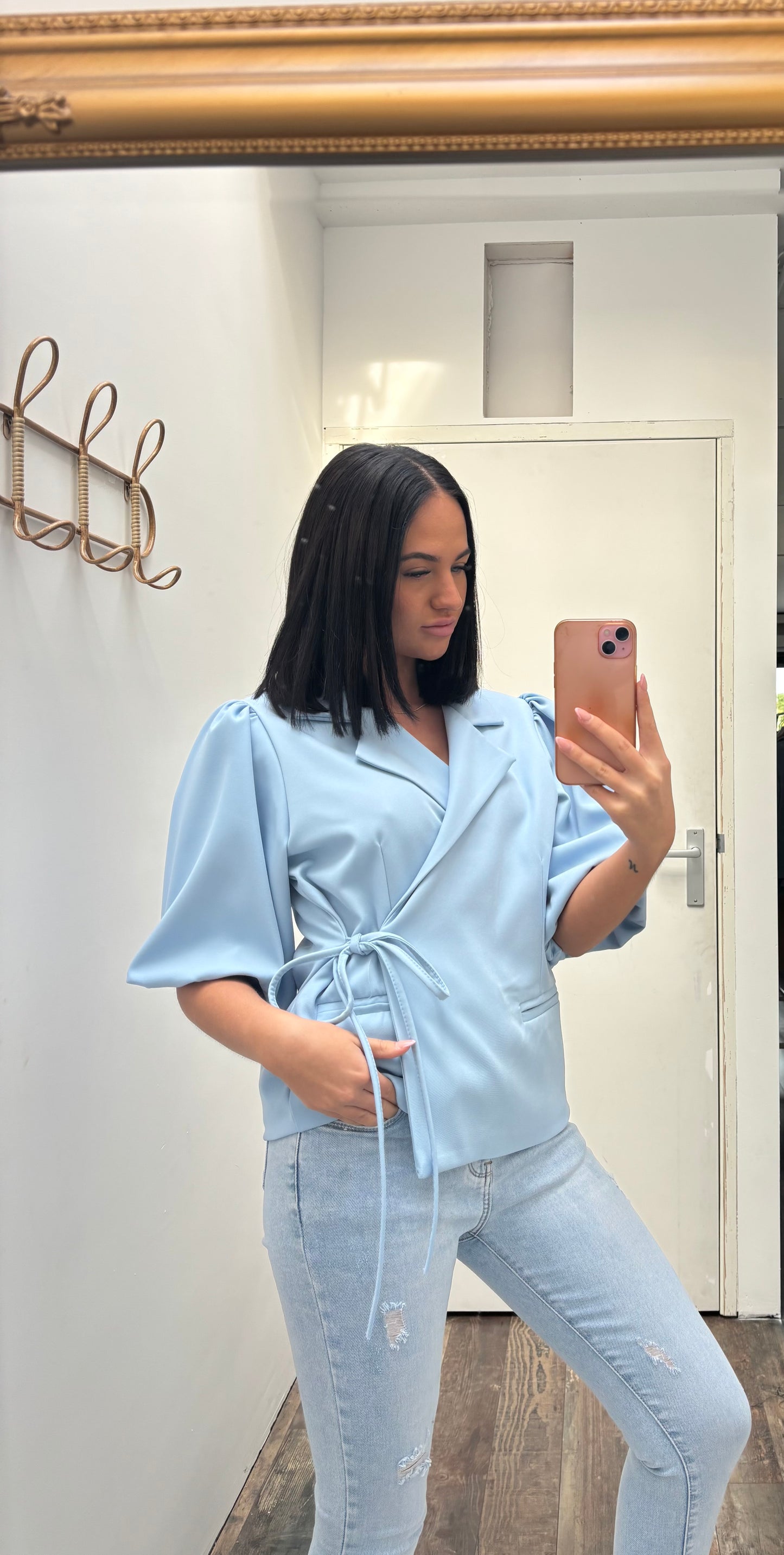 Strik blazer korte mouw | Licht Blauw