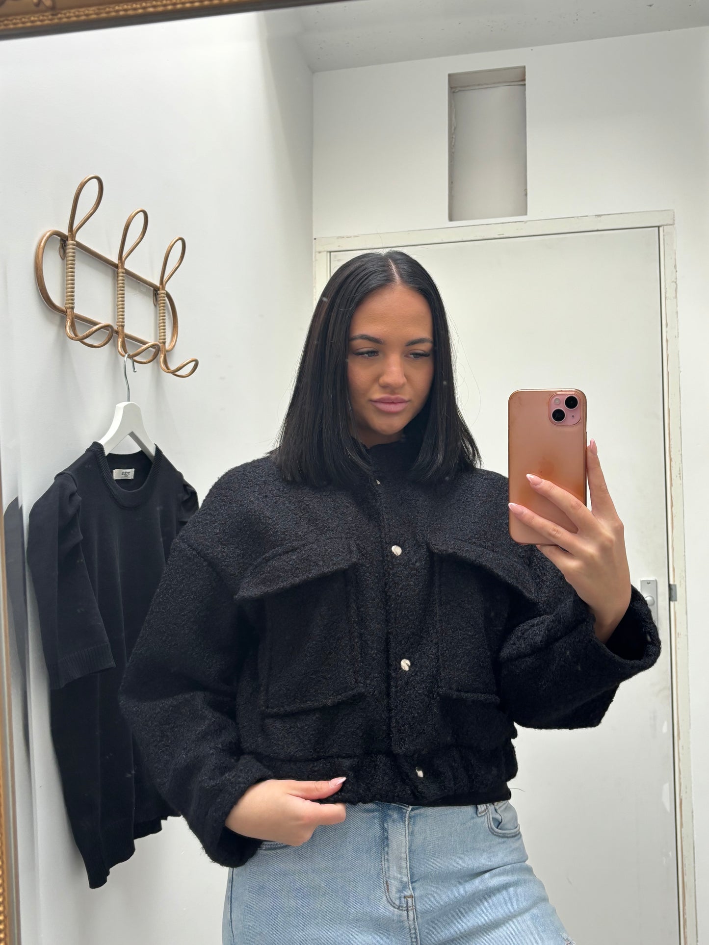 Boucle bomber vest| Zwart