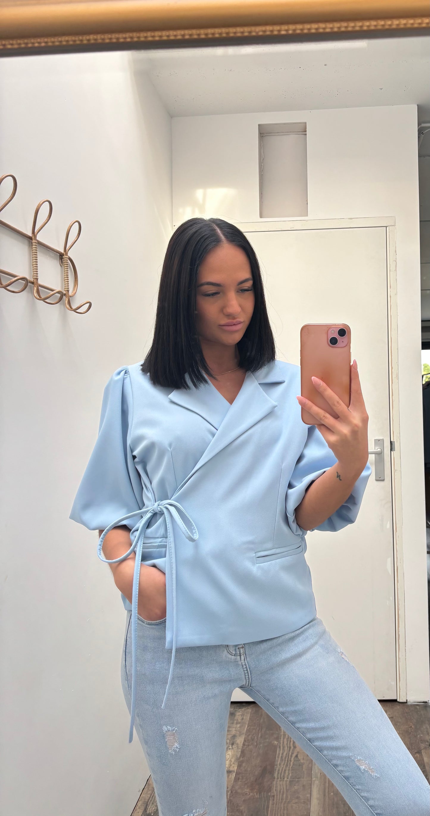 Strik blazer korte mouw | Licht Blauw