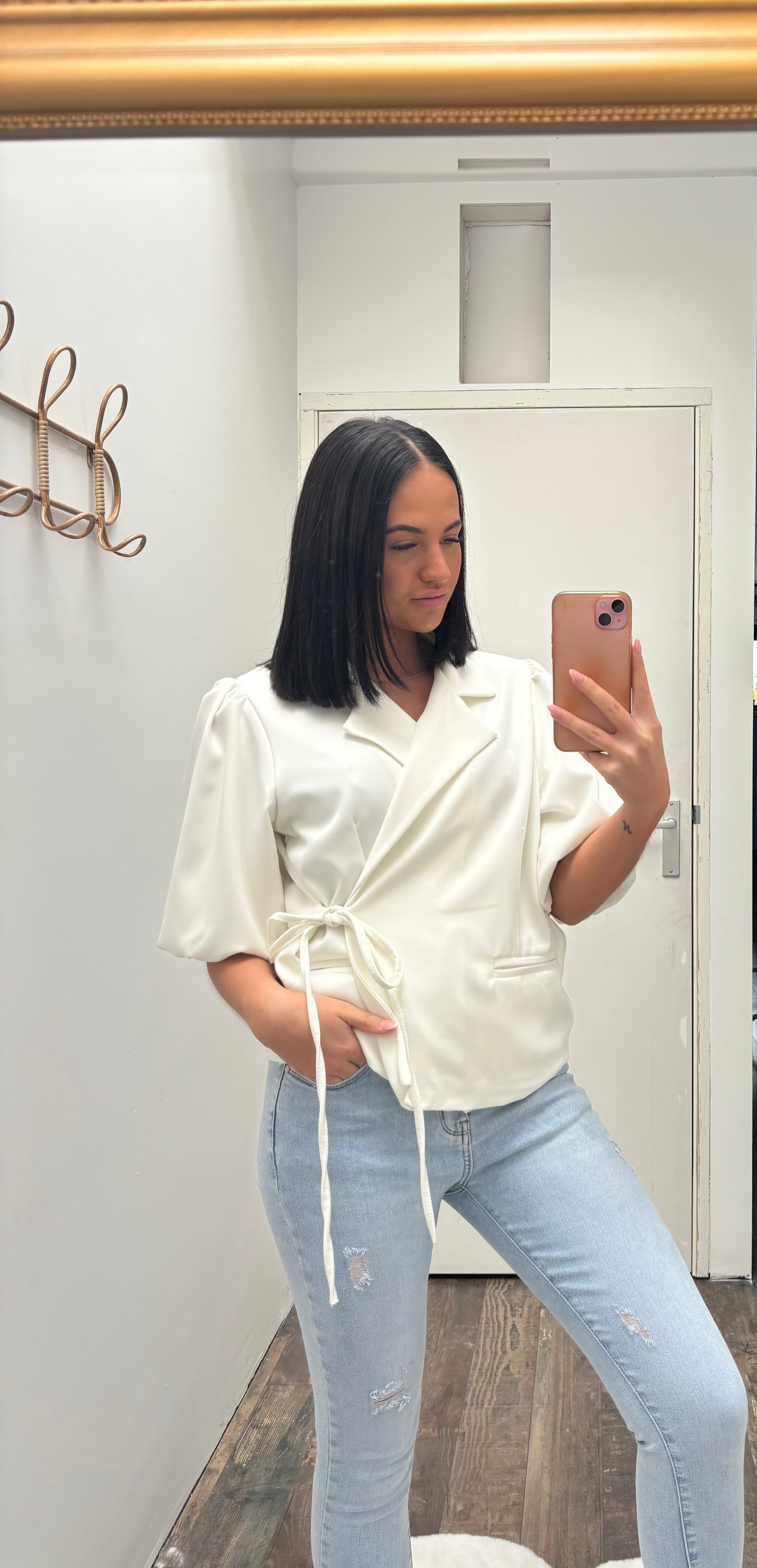 Strik blazer korte mouw | Wit