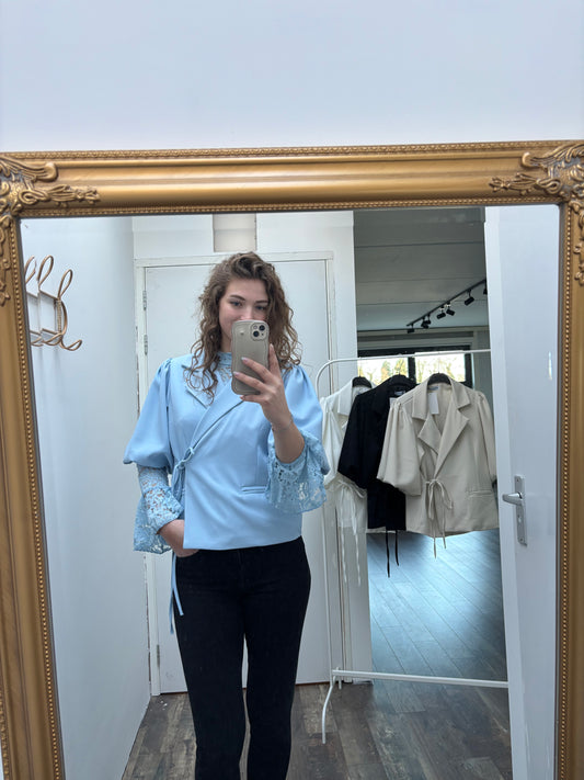 Strik blazer korte mouw | Licht Blauw